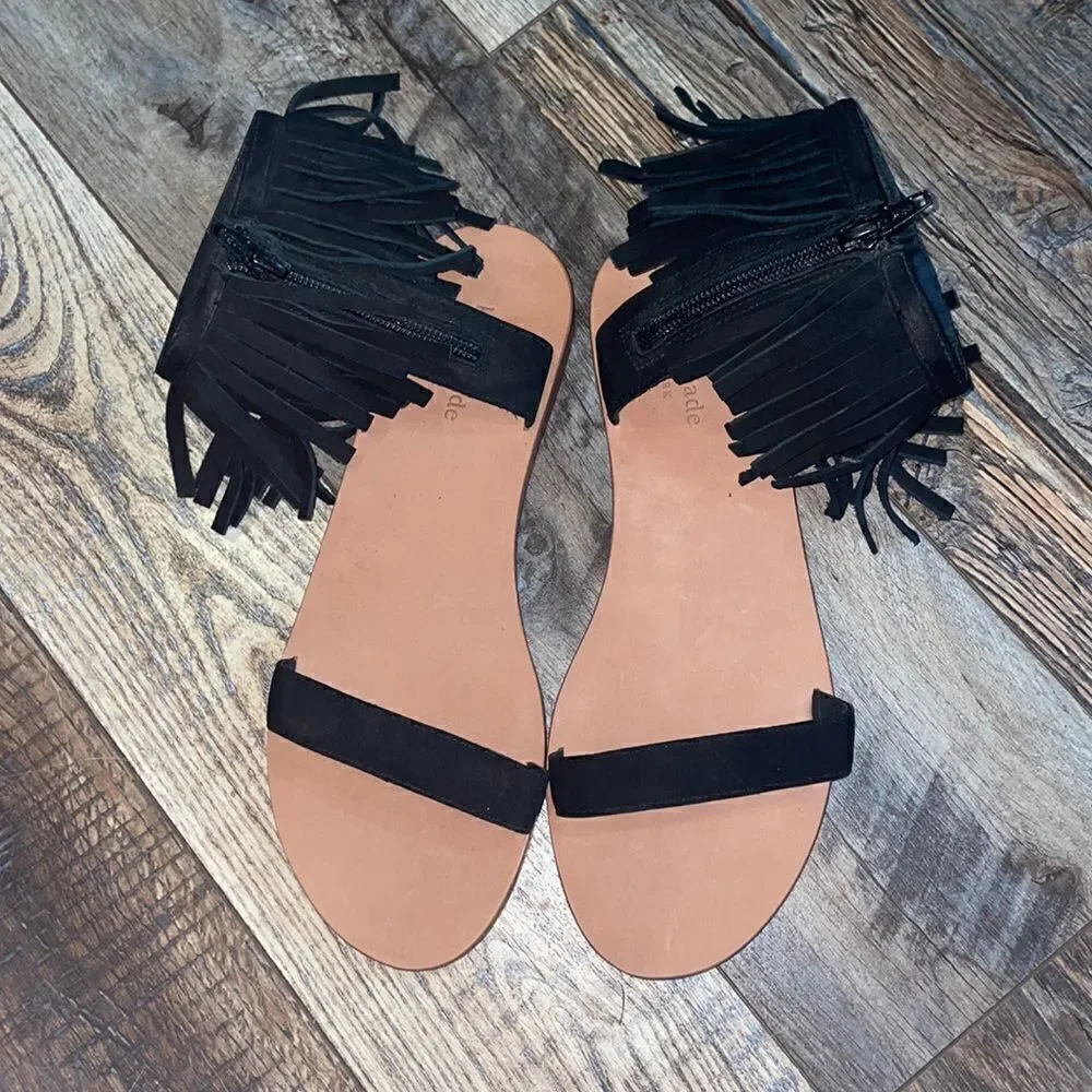 Kate Spade Black Alex Suede Fringe Cuff Flat Sandal, NWOT